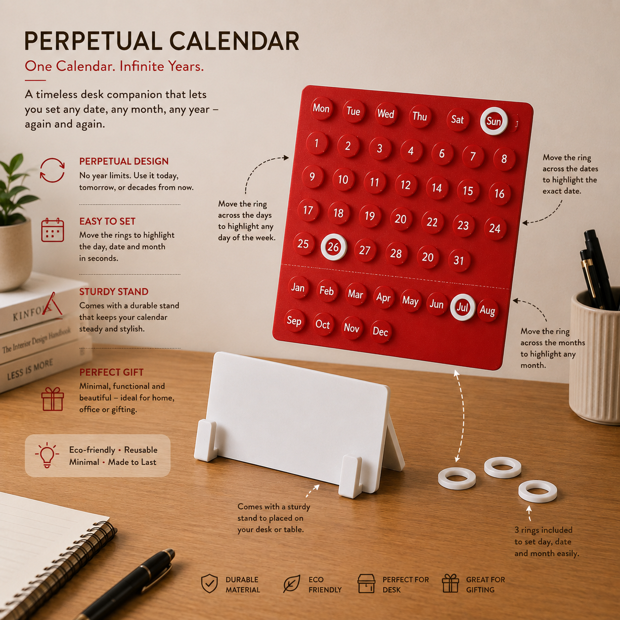 Red Perpetual Calendar | Lifetime Study Desk Office Table Décor | aesthetic