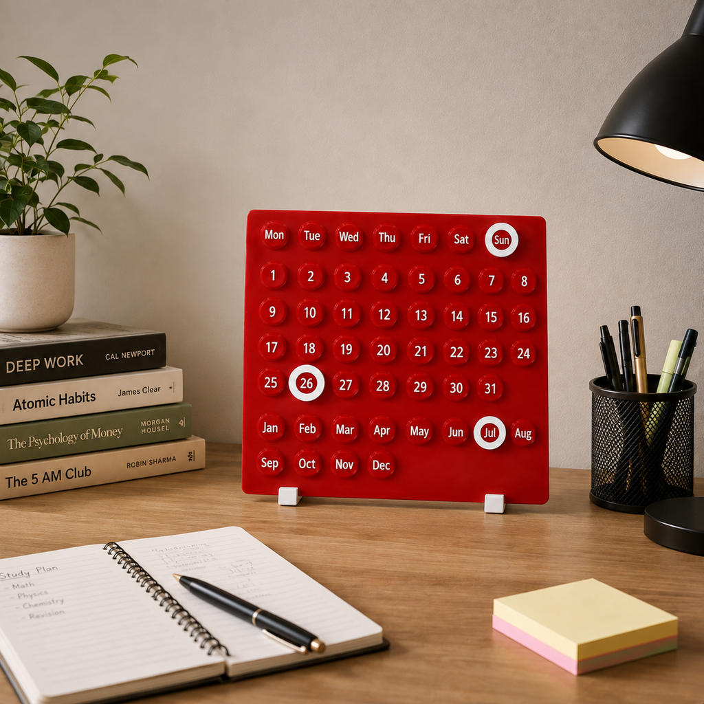 Red Perpetual Calendar | Lifetime Study Desk Office Table Décor | aesthetic